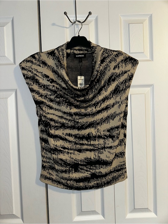 Express Tops - Express Sleeveless Shoulderpadded Cowl Neck Top in Beige and Black Zebra Print